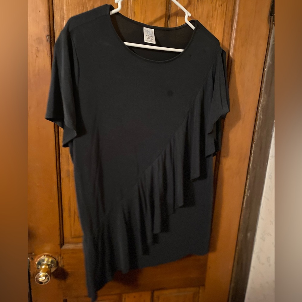 Grey blouse. One shoulder. Flowy ruffle.